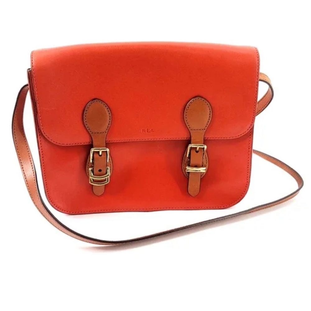 Red-Orange leather postman bag,Vintage Ralph Lauren messenger medium crossbody